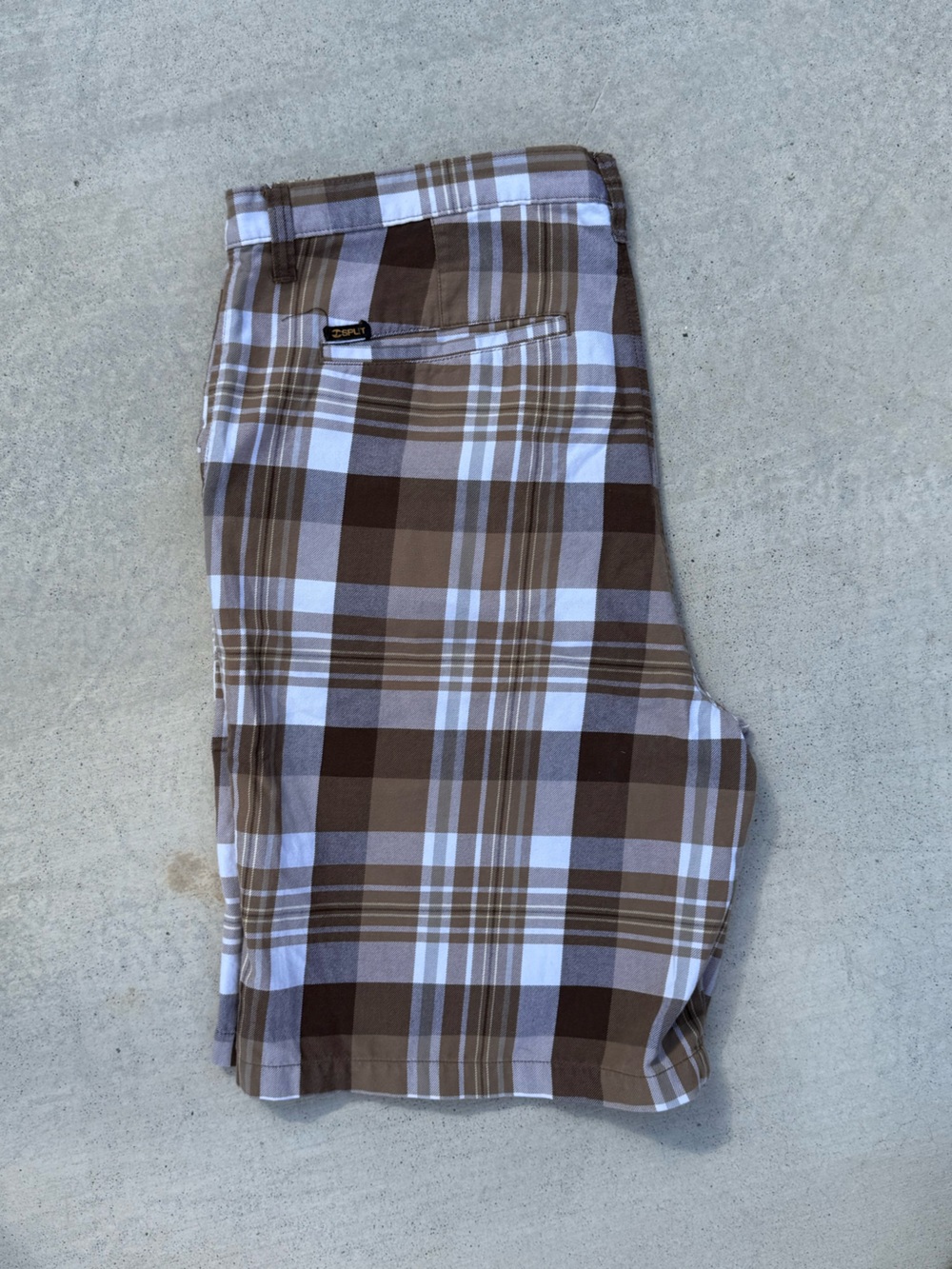 split Brown and White Plaid Shorts